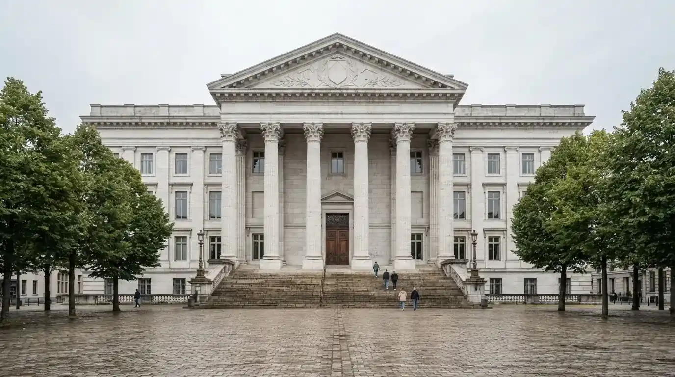 Fachada de un edificio institucional con grandes columnas y una plaza empedrada al frente, bajo un cielo nublado.