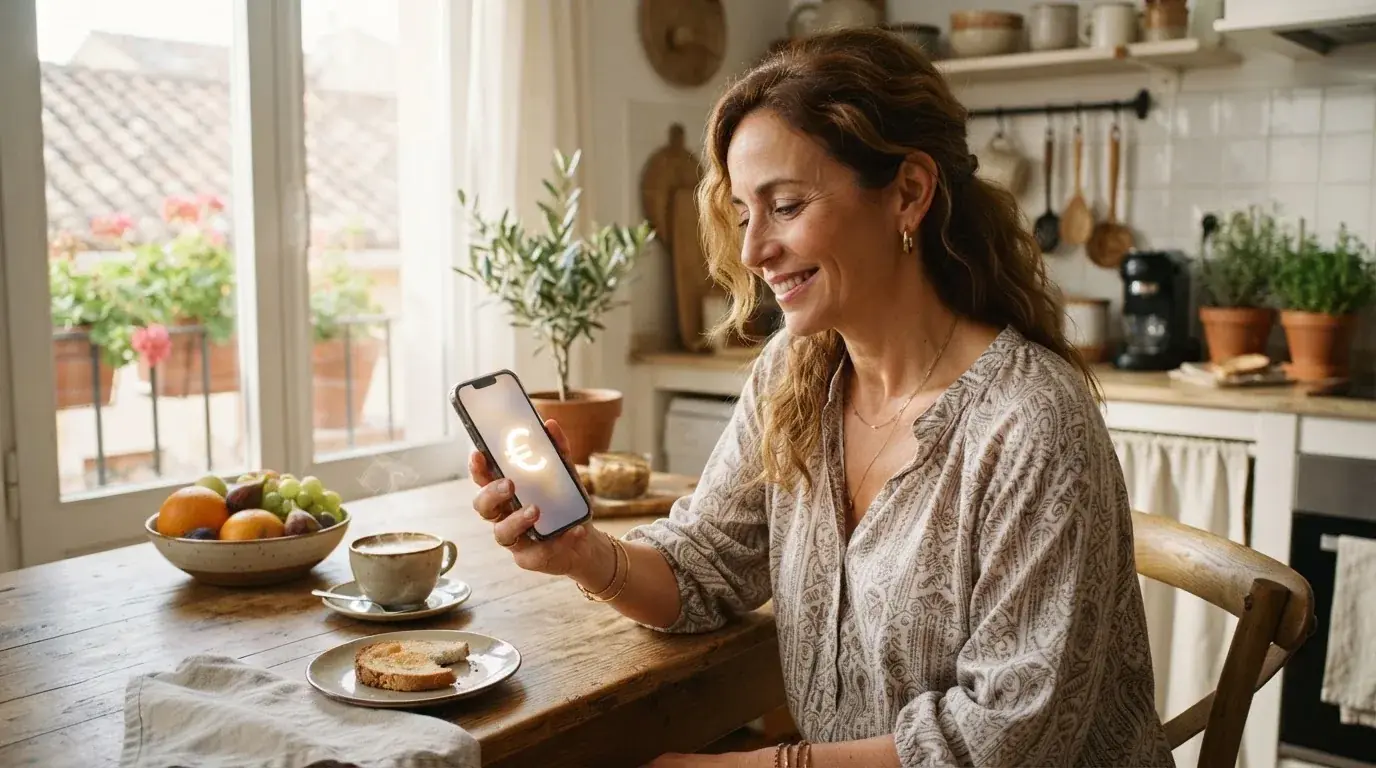 Mujer adulta sonríe mientras sostiene un teléfono móvil sentada en la cocina de su casa por la mañana.
