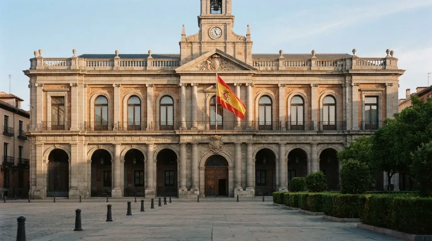 Fachada clásica de un edificio administrativo con una bandera ondeando y una plaza vacía al frente.