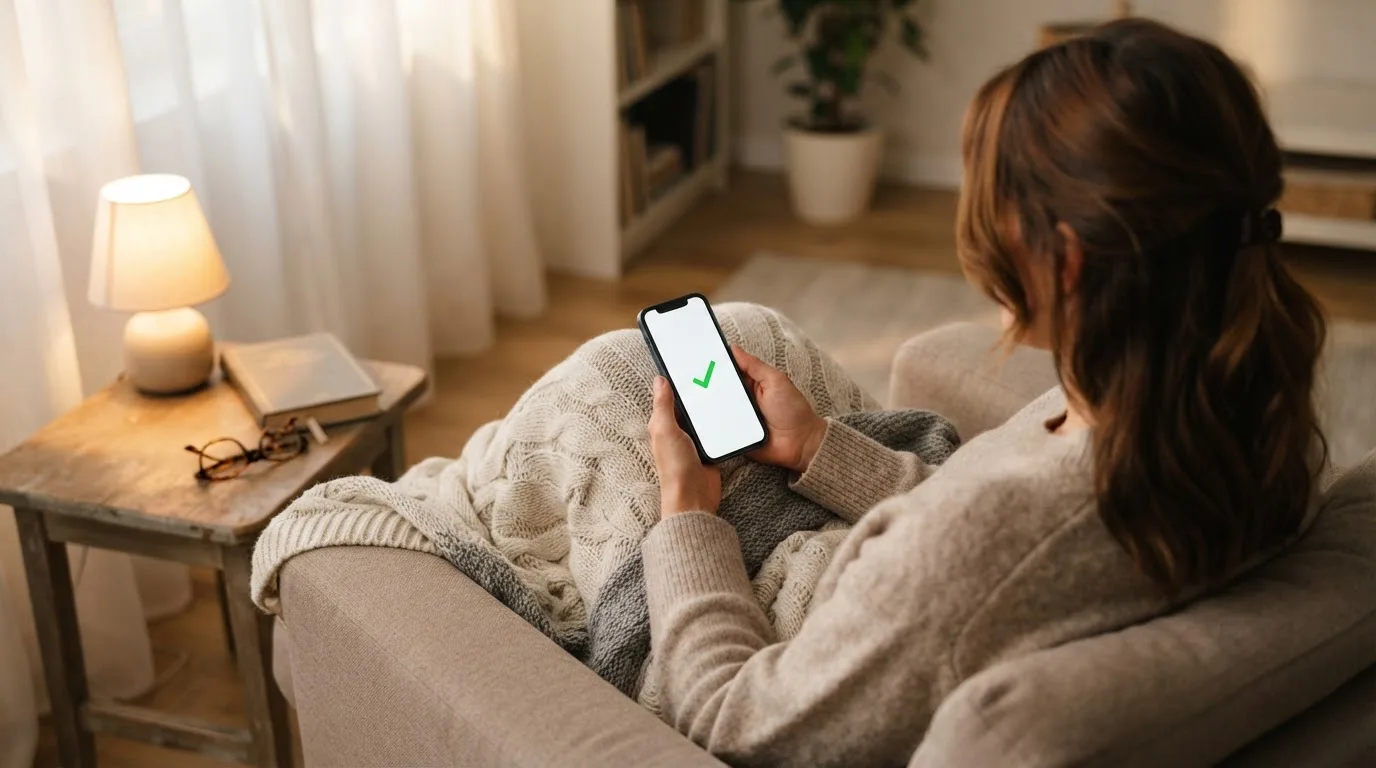 Persona sentada en un sillón cómodo consultando un teléfono móvil con una manta sobre las piernas en una sala tranquila.