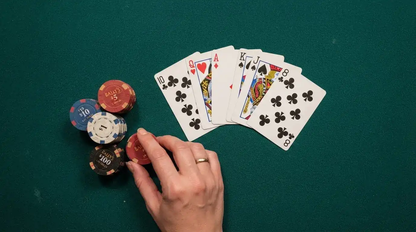 Vista cenital de una baraja de cartas y fichas de casino apiladas sobre una mesa de fieltro verde.