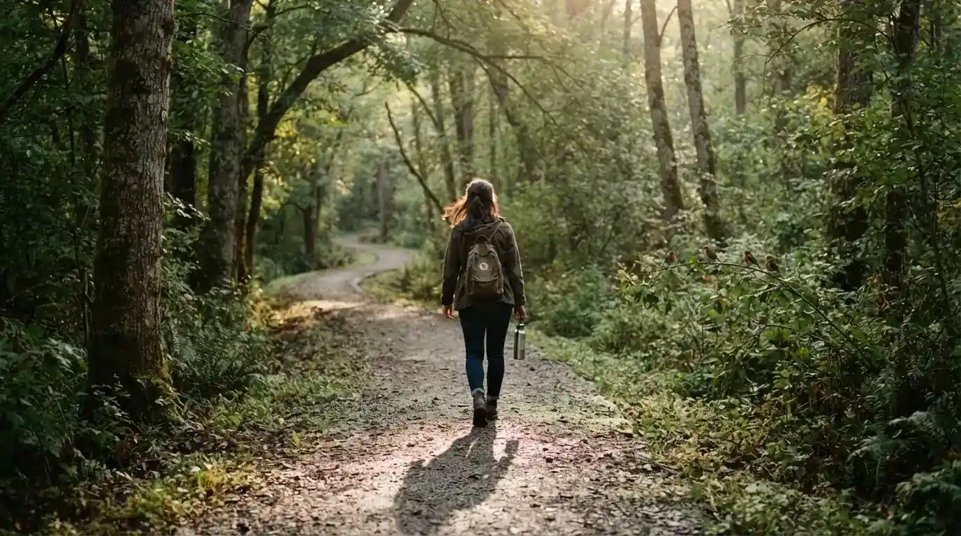 Persona caminando por un sendero arbolado durante una mañana soleada, en actitud relajada.