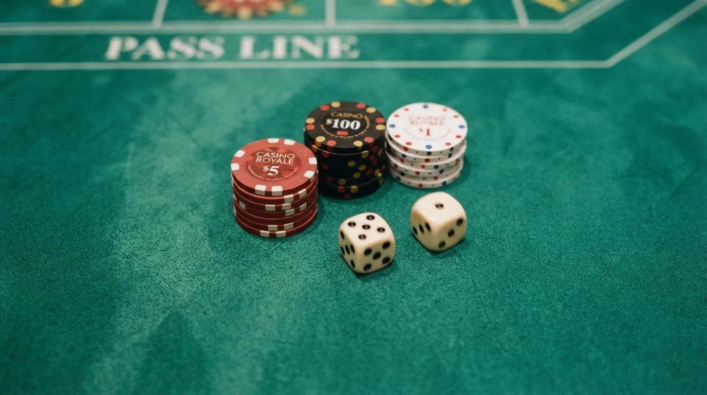 Vista cenital de fichas de casino y dados sobre una mesa de fieltro verde bajo luz suave.