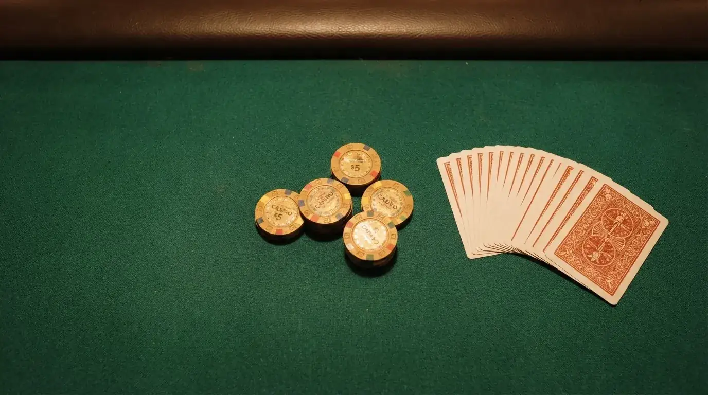 Vista cenital de fichas doradas y una baraja de cartas sobre una mesa de fieltro verde.