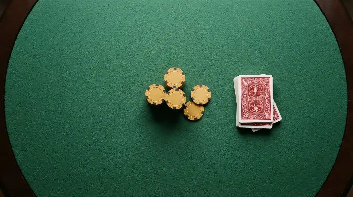 Vista cenital de fichas doradas y una baraja de cartas sobre una mesa de fieltro verde.