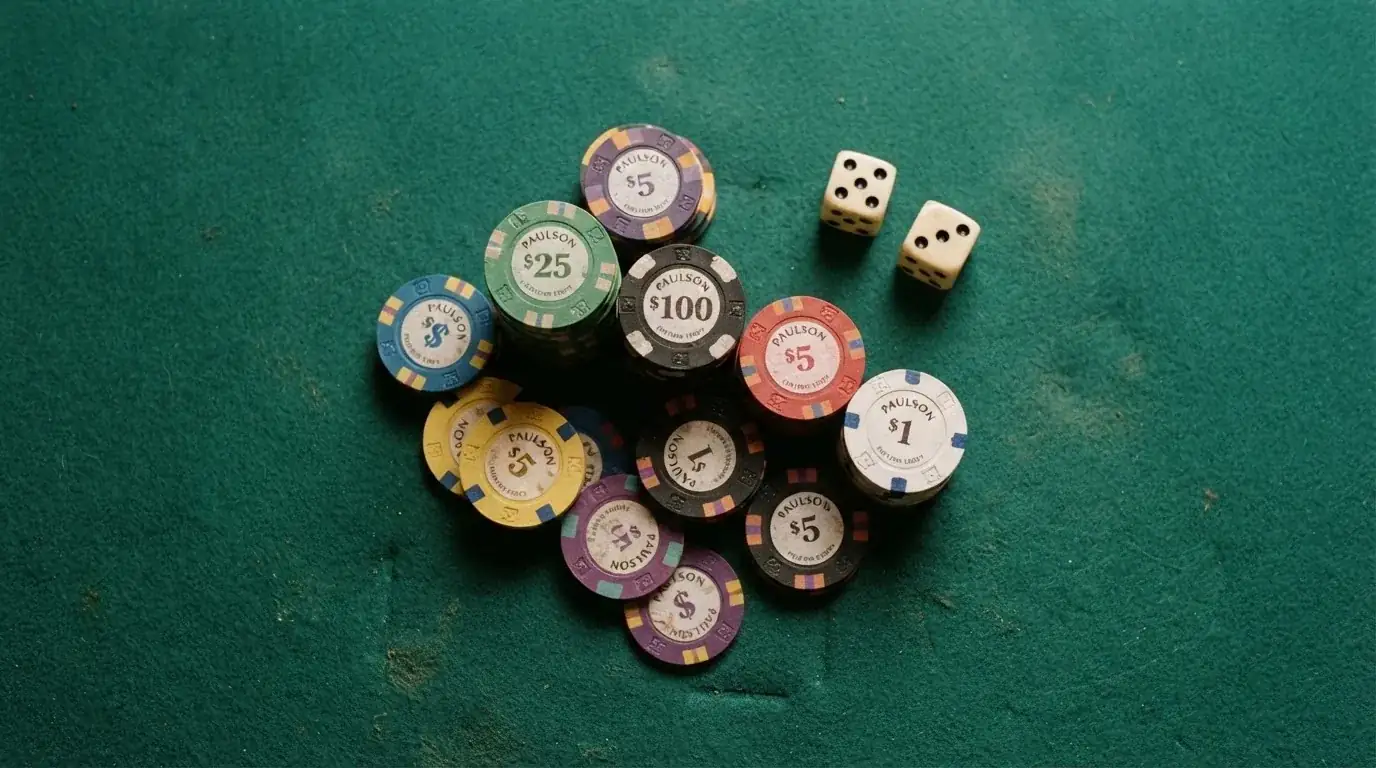 Vista cenital de fichas de casino y dados sobre una mesa de fieltro verde bajo luz suave.
