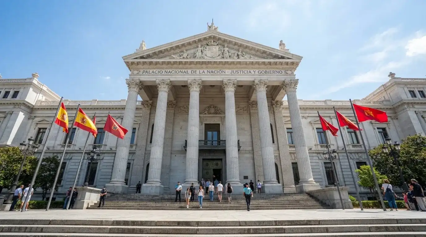 Fachada de un edificio institucional con columnas y banderas ondeando bajo un cielo despejado.