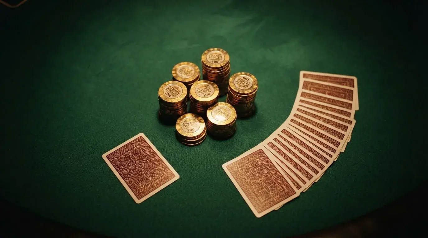 Vista cenital de fichas doradas y una baraja de cartas sobre una mesa de fieltro verde.