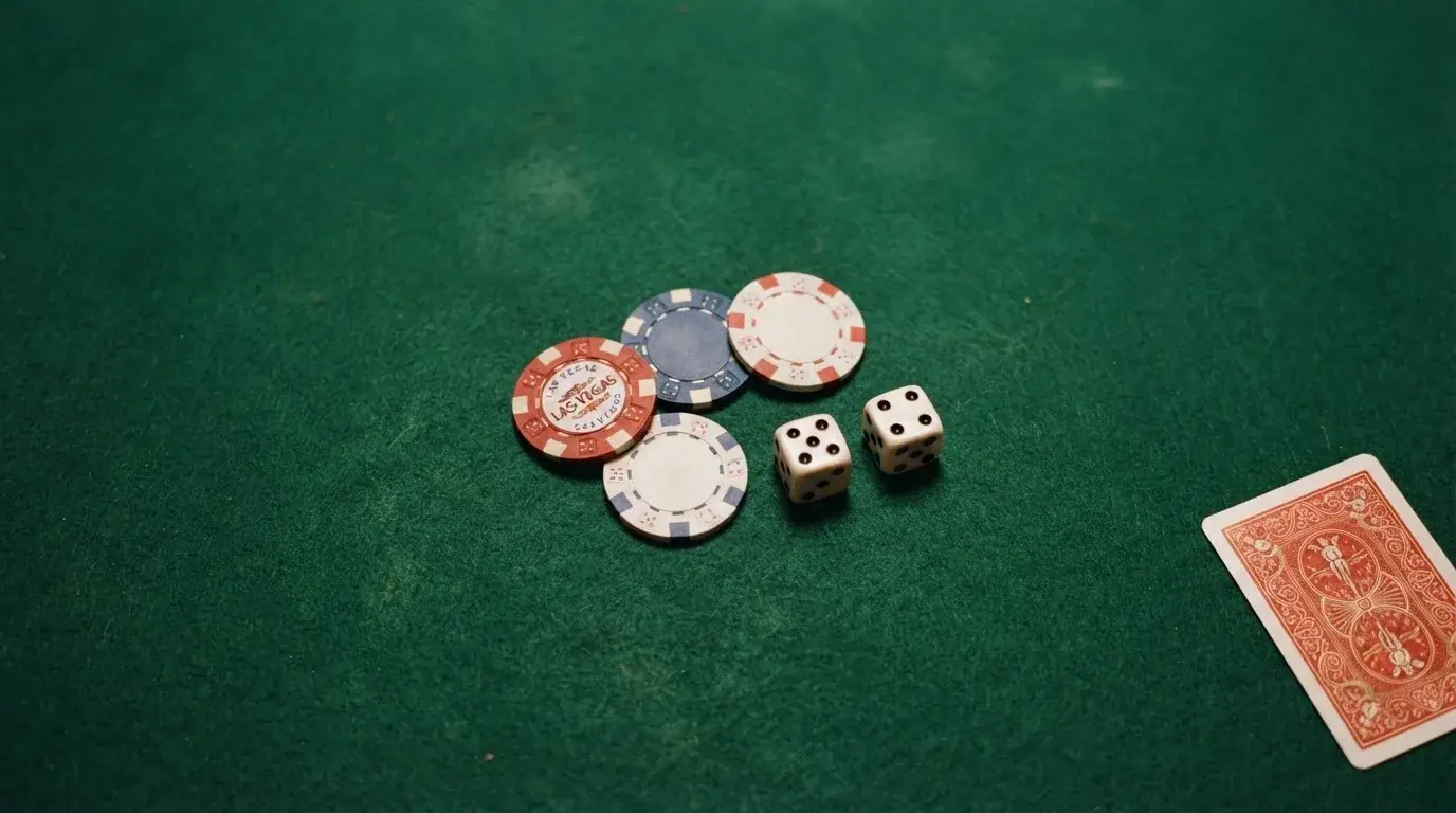 Vista cenital de fichas de casino y dados sobre una mesa de fieltro verde bajo luz suave.