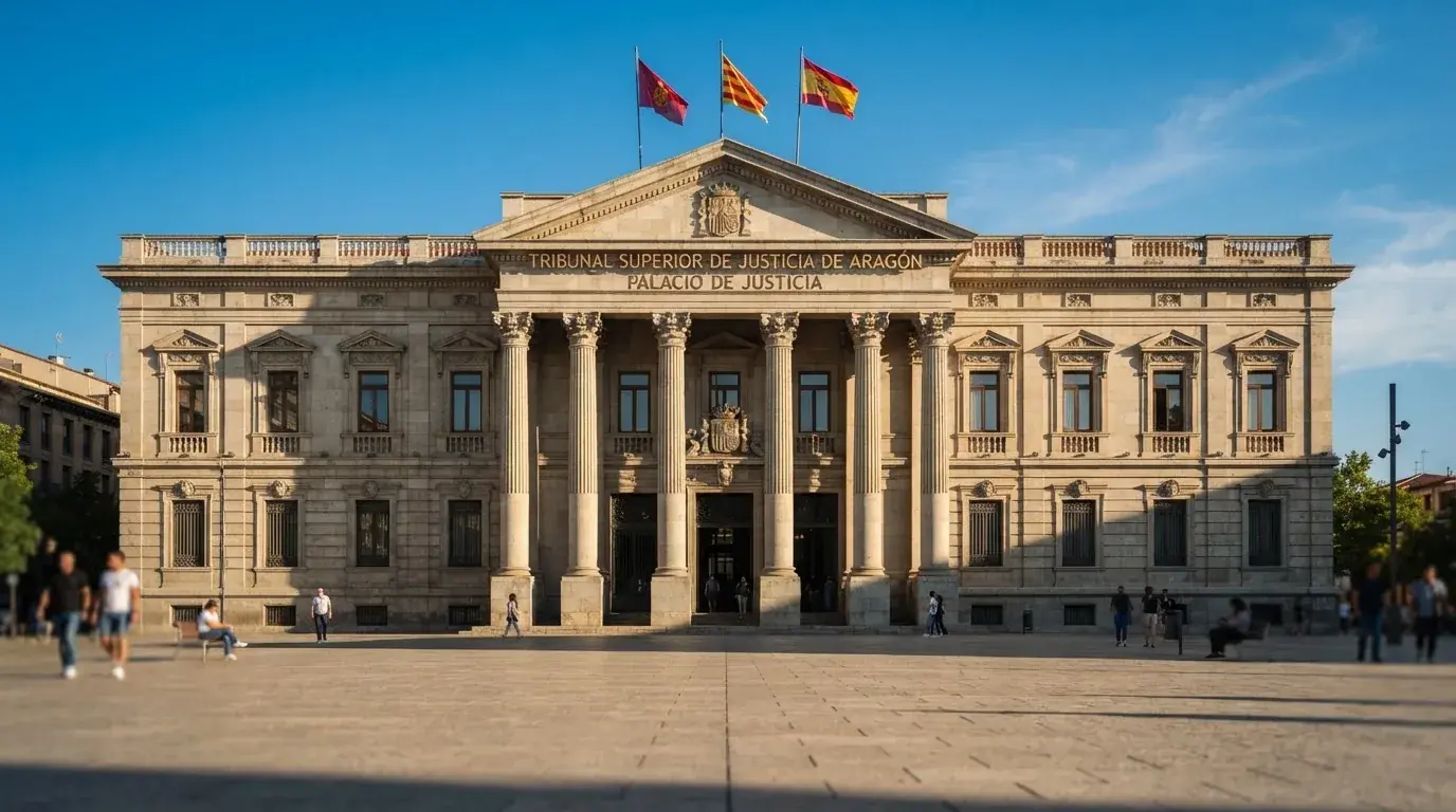 Fachada de un edificio institucional con banderas ondeando bajo un cielo despejado.