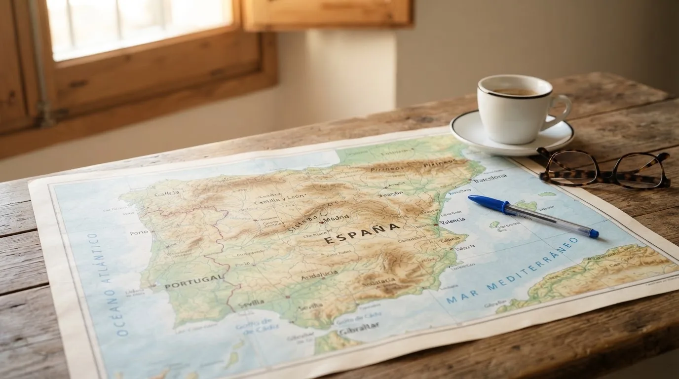 Un mapa físico de España sobre una mesa de madera junto a una taza de café y unas gafas, con luz natural entrando por una ventana.