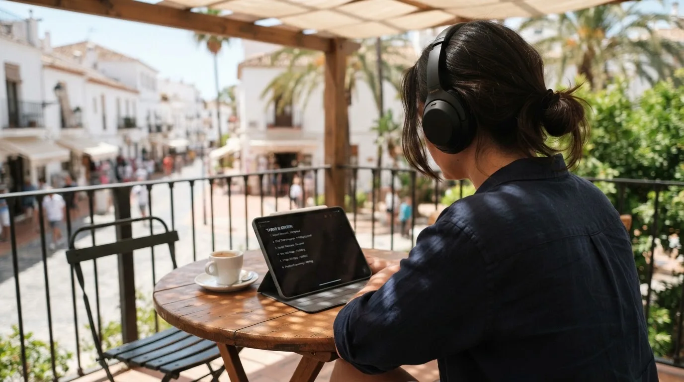 Una persona con auriculares revisa una lista en una tableta apoyada sobre una mesa de café en una terraza soleada.