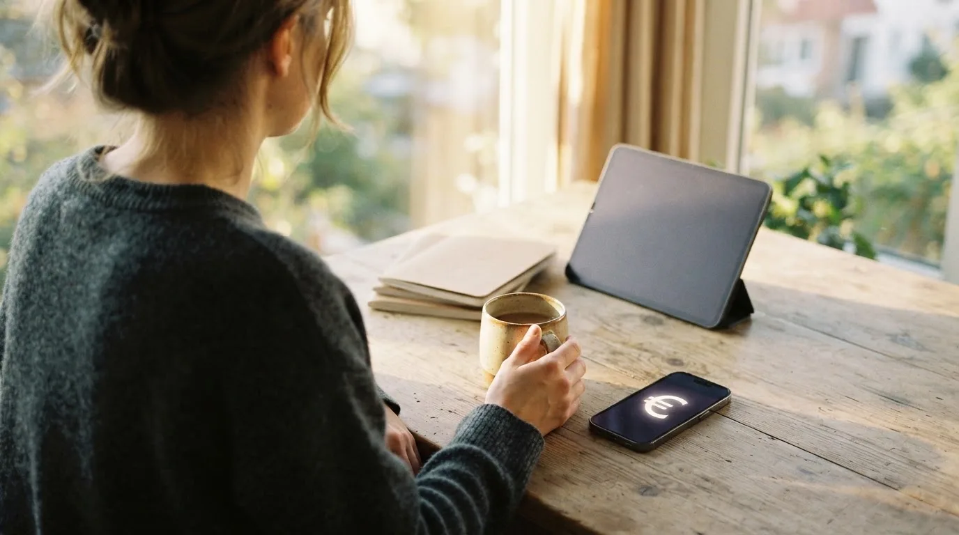 Una persona sostiene una taza de café mientras mira un teléfono móvil sentada junto a una ventana con luz de mañana.