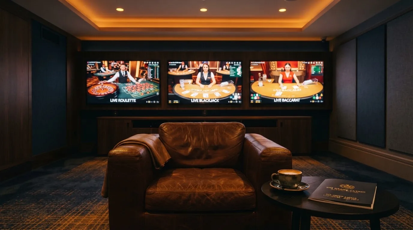 Fotografía de un salón de casino moderno con pantallas de transmisión en directo y sillones cómodos, ambiente cálido y profesional.