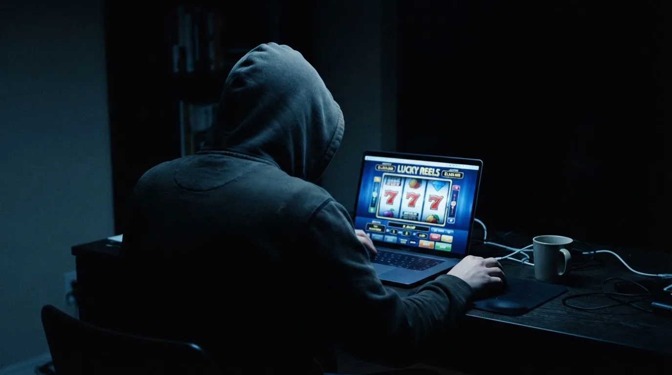Fotografía de una persona con capucha usando un portátil en una habitación oscura, transmitiendo la idea de anonimato en línea.