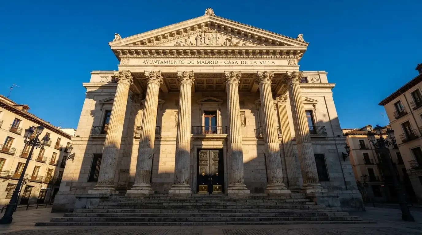 Fotografía de la fachada de un edificio institucional español con columnas clásicas bajo un cielo despejado.