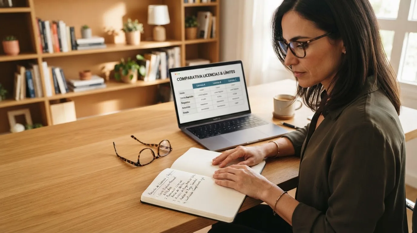 Una mujer con gafas revisa su agenda en un escritorio de oficina moderna con estanterías al fondo.