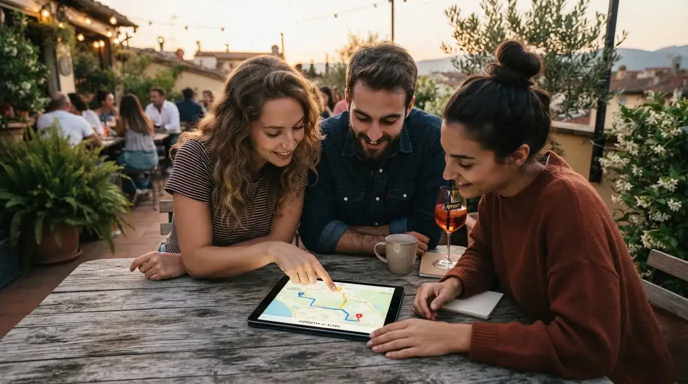 Un grupo de amigos revisa algo en una tableta sobre una mesa de madera en una terraza al aire libre.