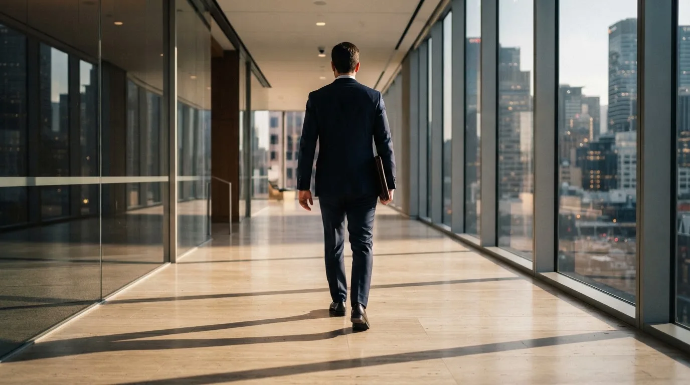 Un hombre con traje camina por el pasillo de un edificio de oficinas moderno con grandes ventanales.