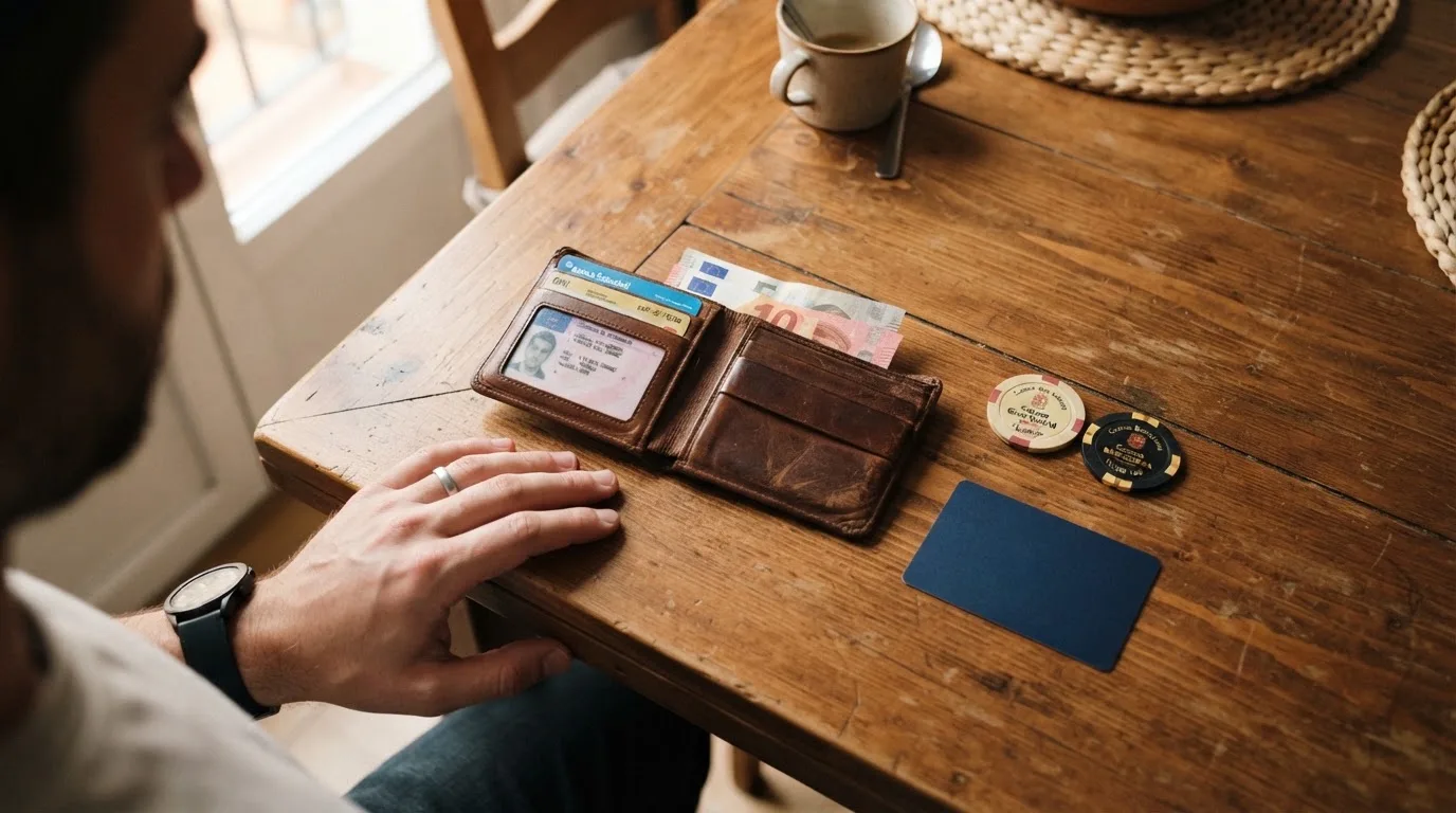 Un hombre revisa su cartera con tarjetas y monedas sobre una mesa de madera en casa.