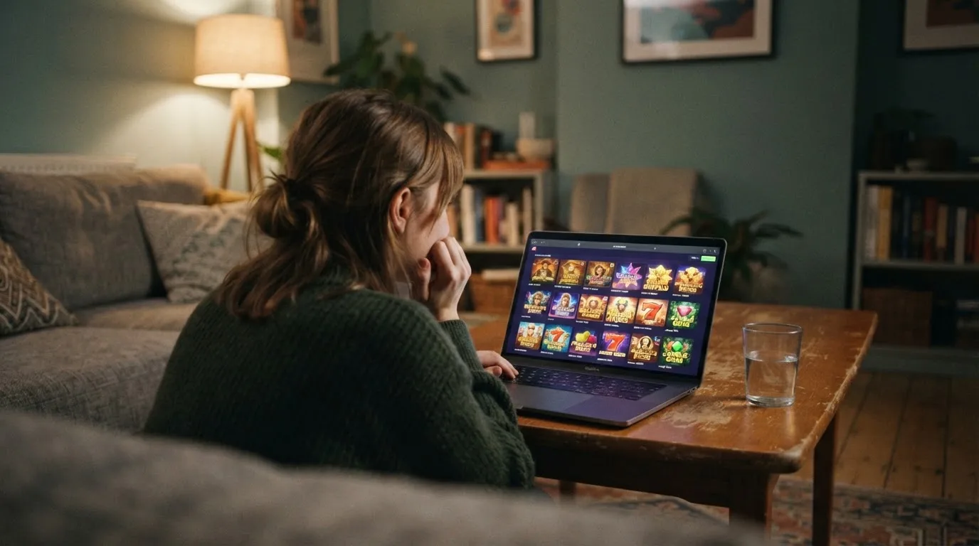 Un jugador adulto explora el catálogo de tragaperras de un casino online en la pantalla de su ordenador portátil.