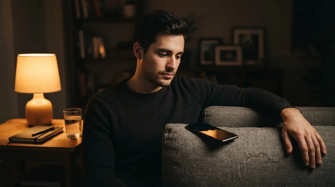 Un hombre reflexiona mirando la pantalla de su móvil apagada, sentado en el sofá de su salón por la noche.