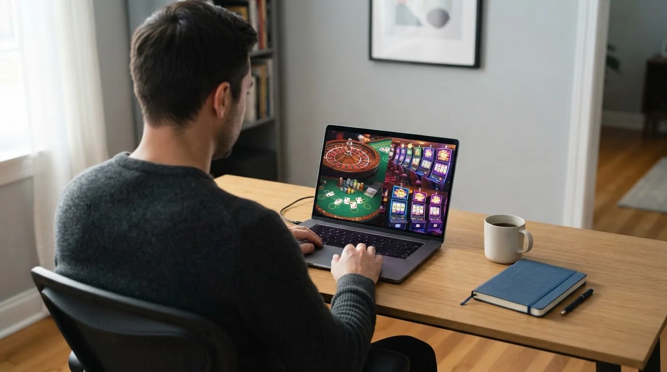 Un hombre explora distintos juegos gratuitos de casino en la pantalla de su ordenador portátil, sentado en su escritorio.