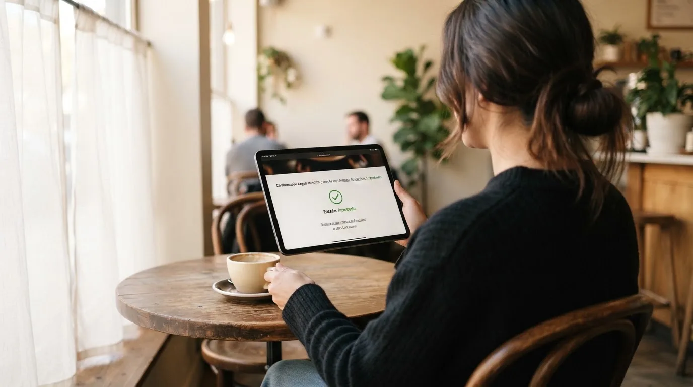 Una mujer comprueba la licencia de un casino en el pie de página de la web desde la pantalla de su tableta.