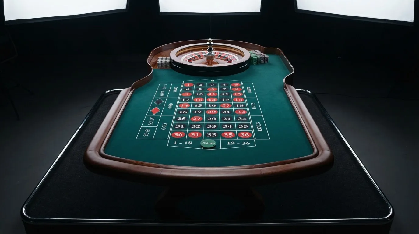 Una mesa de ruleta en vivo vacía momentos antes de empezar la retransmisión, con luces de estudio profesional encendidas.
