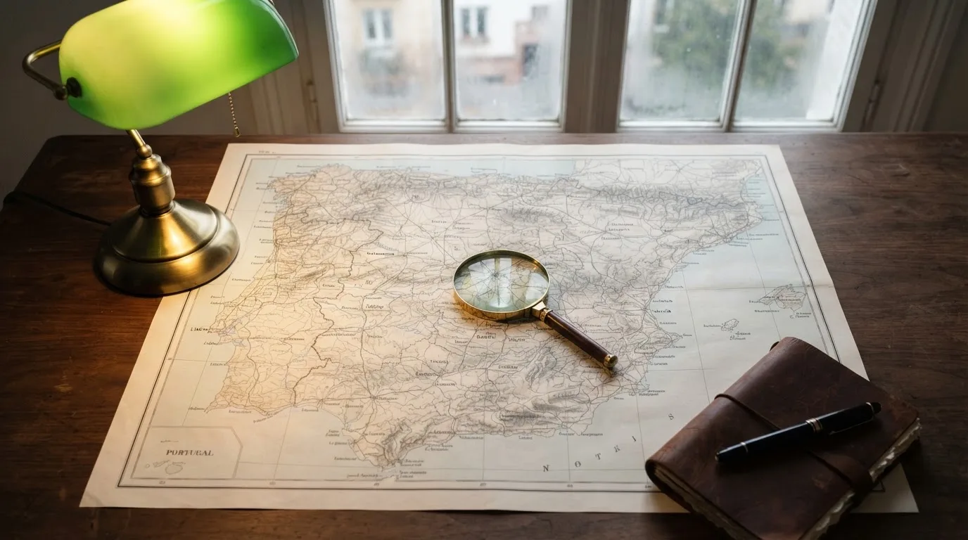 Una lupa sobre un mapa de España iluminado en un escritorio de oficina, con una ventana al fondo desenfocada.